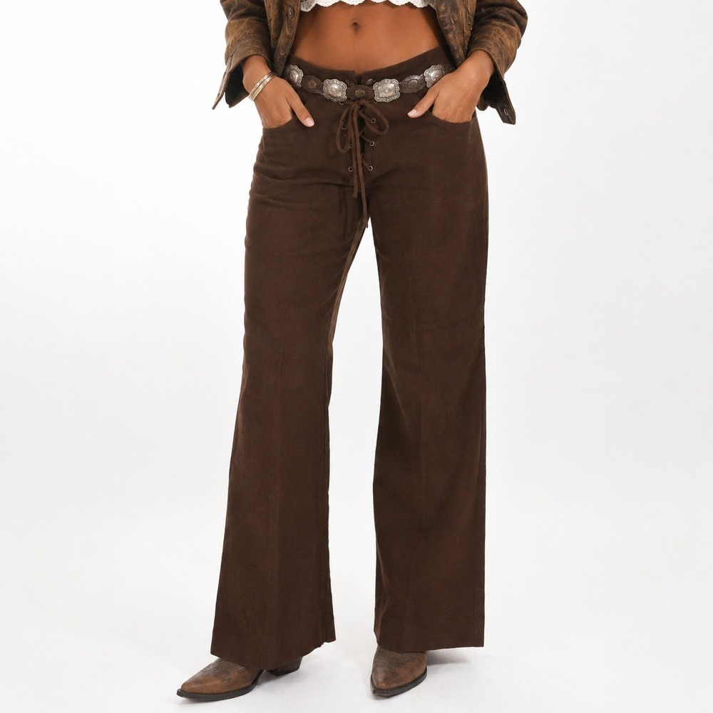 00s Vintage Lace Up Faux Suede Pants Women 12 Brown Mid Rise Bootcut Western Y2K